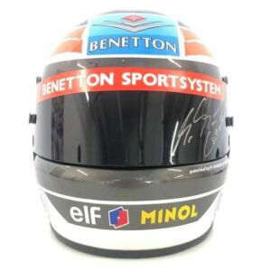 Helmet with autographs of riders Michael Schumacher and Willy Weber, white marble